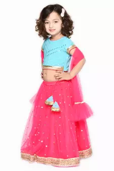 Girls Blue & Magenta Embellished Mirror Work Ready to Wear Lehenga & Blouse With Dupatta