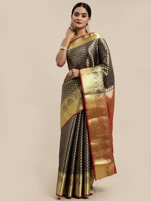 Navy Blue Woven silk blend Blend Saree With Blouse 1
