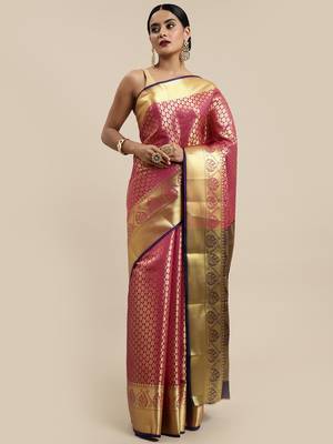 Pink woven silk saree with blouse 1