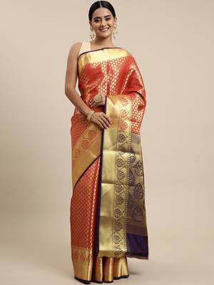 Red Woven silk blend Saree With Blouse 1