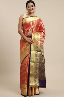 Red Woven Silk Blend Saree With Blouse