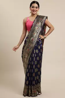 Navy blue woven silk saree with blouse