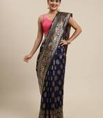Navy blue woven silk saree with blouse