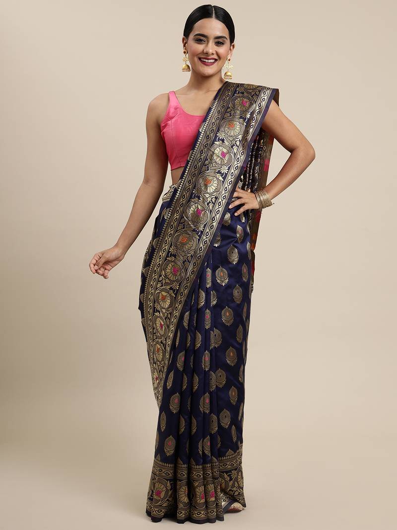 Navy blue woven silk saree with blouse