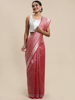 Red Woven silk blend Saree With Blouse 1