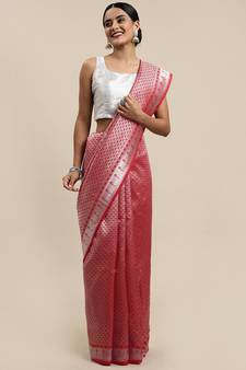 Red Woven Silk Blend Saree With Blouse