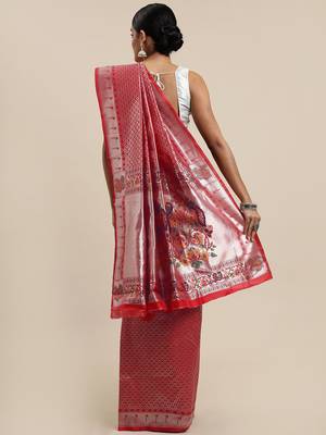 Red Woven silk blend Saree With Blouse 2