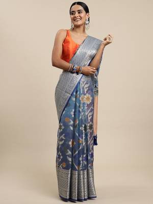 Blue woven organza saree with blouse 1