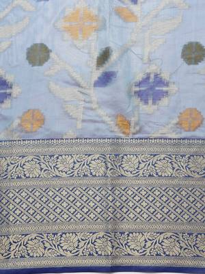 Blue woven organza saree with blouse 3