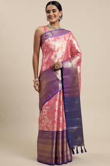 Pink Woven Organza Saree With Blouse