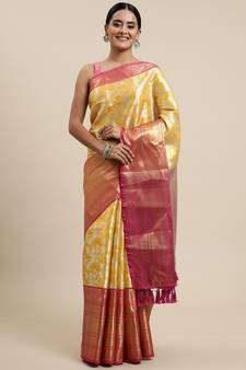 Yellow Woven Organza Saree With Blouse