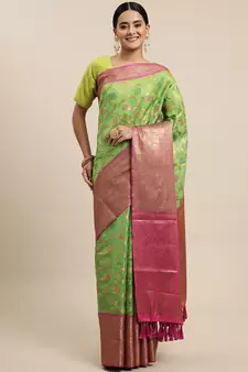 Green Woven Organza Saree With Blouse