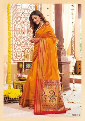 Orange woven banarasi silk saree with blouse 1