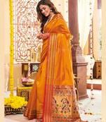 Orange woven banarasi silk saree with blouse