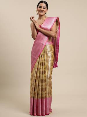 Beige woven organza saree with blouse 1