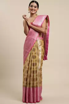 Beige woven organza saree with blouse