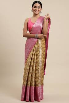 Beige Woven Organza Saree With Blouse