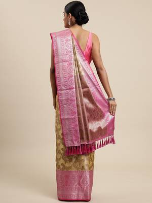 Beige Woven Organza Saree With Blouse 2