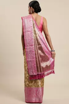 Beige Woven Organza Saree With Blouse