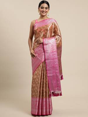 Peach woven organza saree with blouse 1