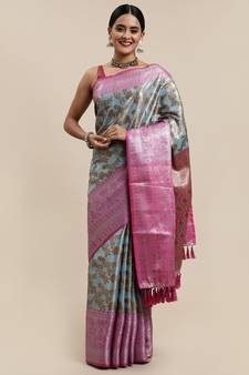 Sky Blue Woven Organza Saree With Blouse