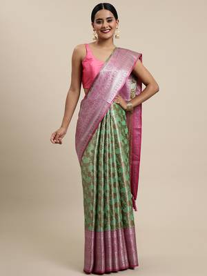 Sea Green Organza Woven Kanchipuram Saree 1