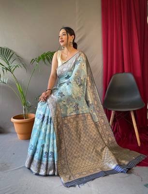 Blue woven cotton saree with blouse 1