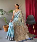 Blue woven cotton saree with blouse
