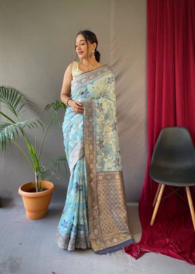 Blue woven cotton saree with blouse 2