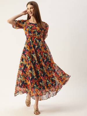 Blue printed georgette long-dresses 1