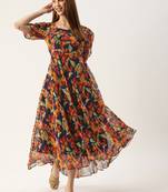 Blue printed georgette long-dresses