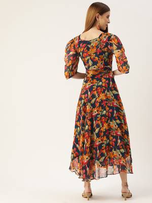 Blue printed georgette long-dresses 3