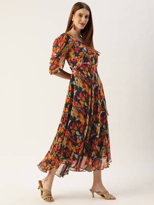 Blue printed georgette long-dresses 4