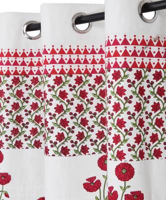 Rajsthan Decor Screen Print Cotton White and Pink Floral Long Door Curtain Single Pc (54x110 inch) 2