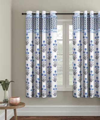 Rajsthan Decor Screen Print Cotton White and Blue Floral Window Curtain Single Pc (54x62 Inch) 1