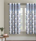 Rajsthan Decor Screen Print Cotton White and Blue Floral Window Curtain Single Pc (54x62 Inch)