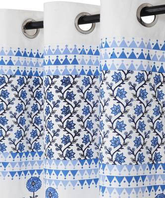 Rajsthan Decor Screen Print Cotton White and Blue Floral Window Curtain Single Pc (54x62 Inch) 2
