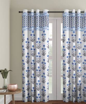 Rajsthan Decor Screen Print Cotton White and Blue Floral Door Curtain Single Pc (54x85 Inch) 1