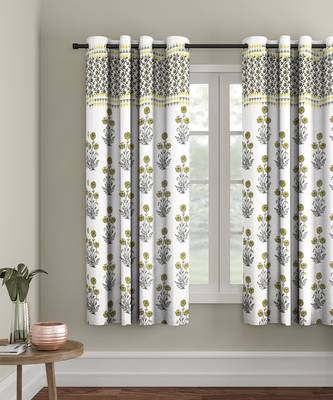 Rajsthan Decor Screen Print Cotton White and Yellow Floral Window Curtain Single Pc (54x62 Inch) 1
