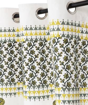 Rajsthan Decor Screen Print Cotton White and Yellow Floral Door Curtain Single Pc (54x85 Inch) 2
