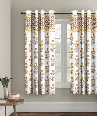 Rajsthan Decor Screen Print Cotton White and Orange Floral Window Curtain Single Pc (54x62 Inch) 1
