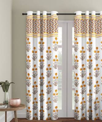 Rajsthan Decor Screen Print Cotton White and Orange Floral Long Door Curtain Single Pc (54x110 inch) 1