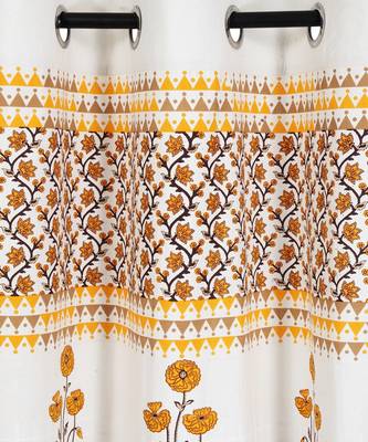 Rajsthan Decor Screen Print Cotton White and Orange Floral Long Door Curtain Single Pc (54x110 inch) 2
