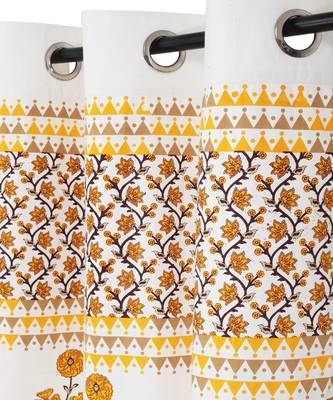 Rajsthan Decor Screen Print Cotton White and Orange Floral Long Door Curtain Single Pc (54x110 inch) 3