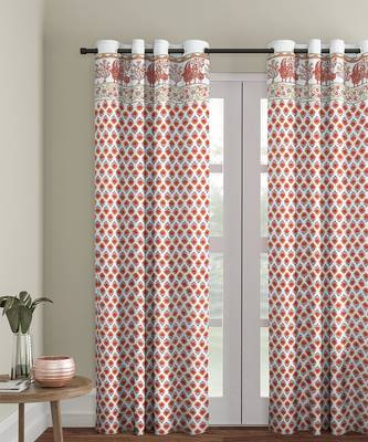 Rajsthan Decor Screen Print Cotton White and Orange Floral Long Door Curtain Single Pc (54x110 inch) 1