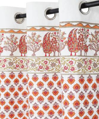 Rajsthan Decor Screen Print Cotton White and Orange Floral Long Door Curtain Single Pc (54x110 inch) 2