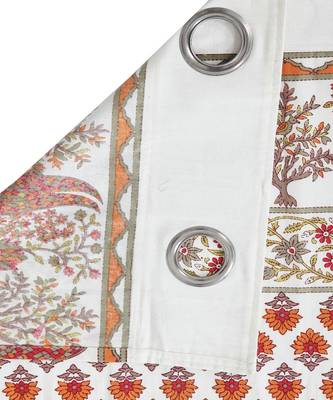 Rajsthan Decor Screen Print Cotton White and Orange Floral Long Door Curtain Single Pc (54x110 inch) 4