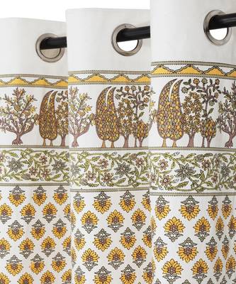 Rajsthan Decor Screen Print Cotton White and Yellow Floral Window Curtain Single Pc (54x62 Inch) 2