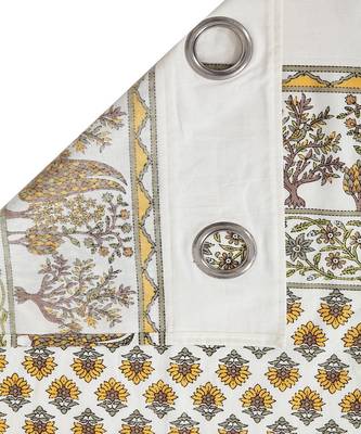 Rajsthan Decor Screen Print Cotton White and Yellow Floral Window Curtain Single Pc (54x62 Inch) 4