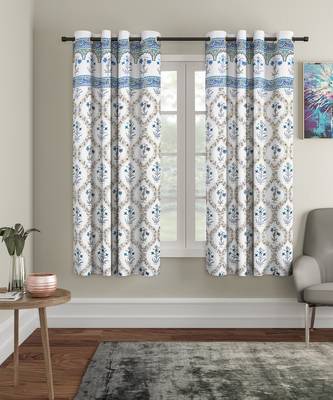 Rajsthan Decor Screen Print Cotton White Floral Window Curtain Set of 2 (54x62 Inch) 1